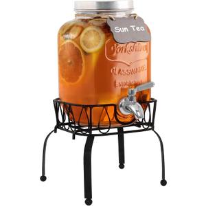 1 Gallon Beverage Dispenser with Stand, 18/8 Stainless Steel Spigot - Airtight & Leakproof Glass Sun Tea Jar with Anti-Rust Lids, Drink Dispensers for Parties - Laundry Detergent Dispenser
