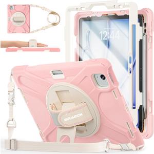 BRAECNstock Kids Case for Apple iPad Air 11 inch (M4/M3/M2)/Air 5th/4th Gen 10.9"/Pro 11 inch 4th/3rd/2nd/1st Gen, Shockproof with Screen Protector, Pen Holder, Rotating Hand Strap+Stand, Sakura Pink