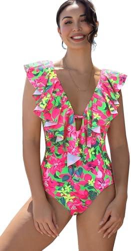 SPORLIKE Women One Piece Swimsuit V-Neck Ruffle Bathing Suit Padded Monokini, XL