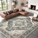 Roxstand Washable Rugs 9x12, Large Area Rugs 9x12 Living Room with Non-Slip Backing, Super-Soft Floral Vintage Rug, Low Pile Area Rug for Bedroom, Dining Room, Office (Black/Beige, 9'x12')