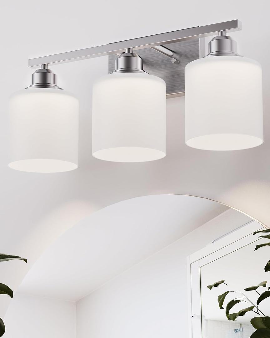 Sailstar Bathroom Light Fixtures Over Mirror, 3-Light Vanity Lights Brushed Nickel, Modern Bathroom Vanity Light, Glass Shade & Anti-Rust Nickel Finished, Bathroom Light for Small Space