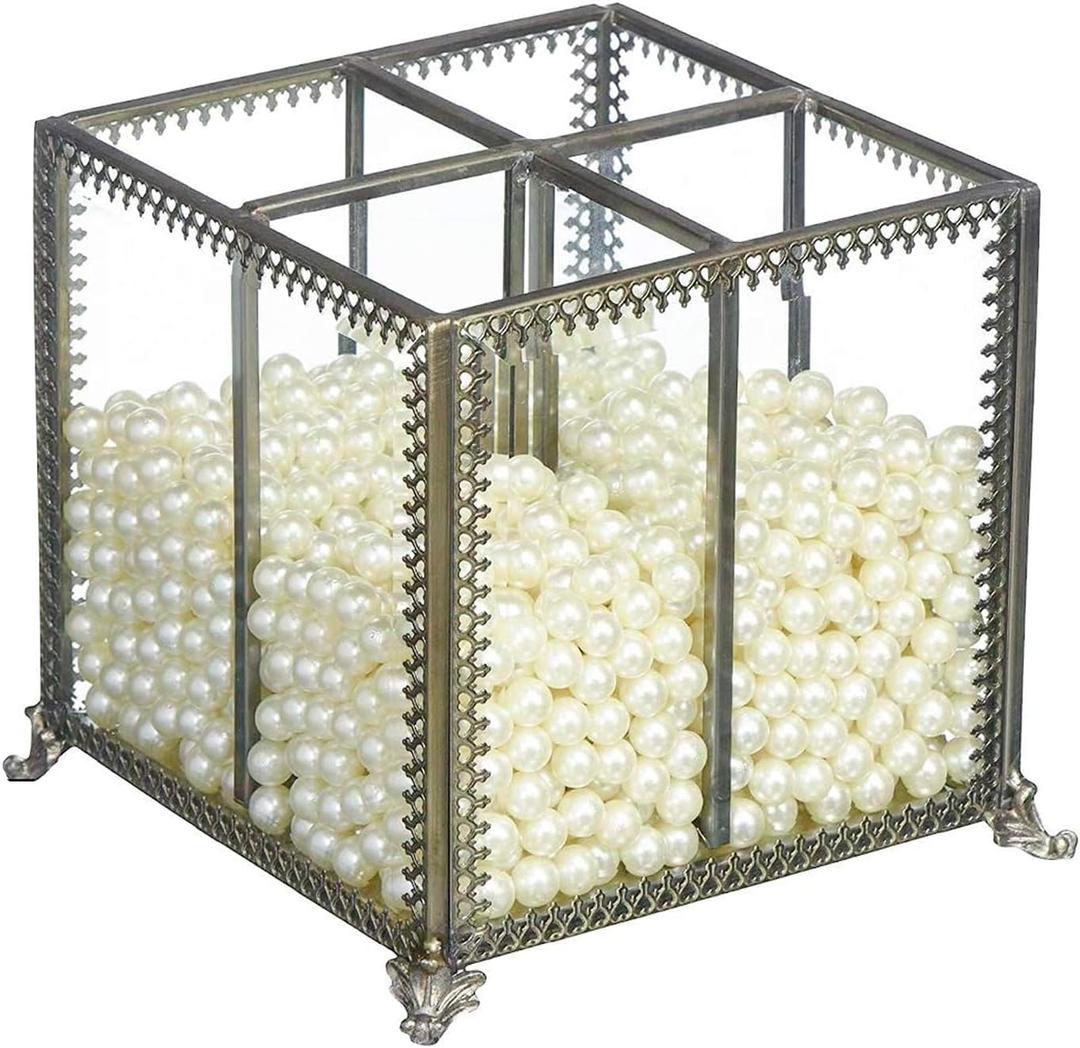PuTwo Makeup Organizer Vintage 4 Sections Makeup Brushes Holder Make Up Storage with Free White Pearls (Transparent/White/Grey)