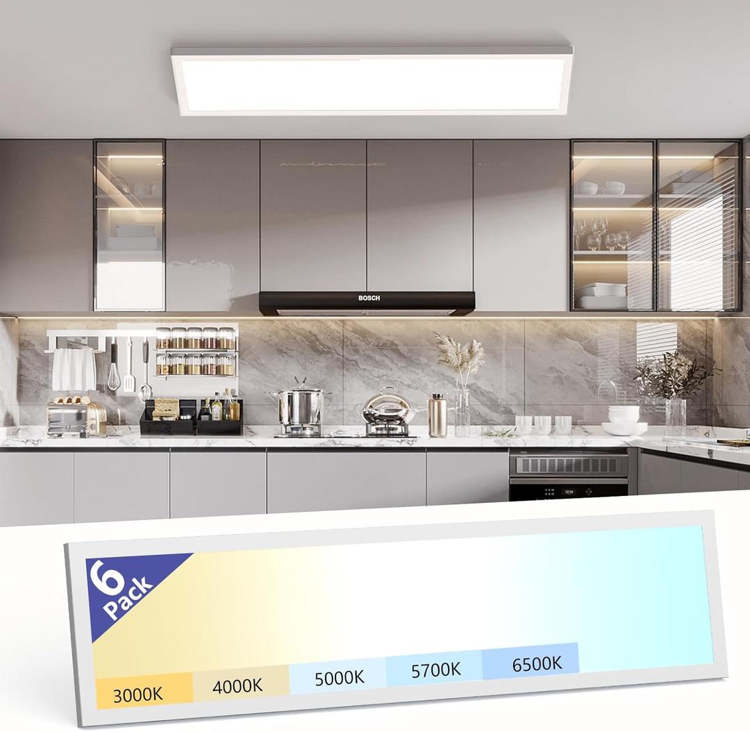 AIKVSXER 1x4 Led Flat Panel Light Surface Mount-6 Pack, 50W 5500Lm Dual Selectable 5CCT 3000K/4000K/5000K/5700K/6500K and Wattage 30-50W 0-10V Dimmable Ceiling Light Fixture for Kitchen/Laundry