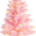 2FT Artificial Christmas Tree with Lights Lighted Pink Tabletop Christmas Tree Light Up Battery Operated Snow Flocked Mini Xmas Pine Tree for Party Supplies Holiday Home Decoration