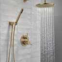 Delta Modern 14 Series Round Rain Shower System Faucet Set, Rainfall Brushed Gold Shower Head and Handle Set, Valve Trim Kit, 10 Inch, Champagne Bronze 342702-CZ