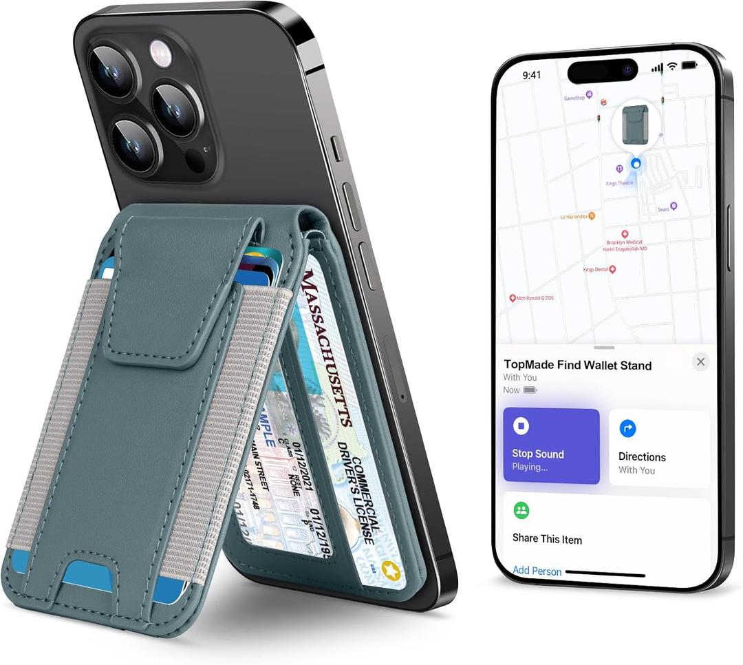 TopMade for Magsafe Wallet, Works with Apple Find My, Strongest Magnetic Wallet for iPhone 16/15/14/13/12 Series, Mganetic Card Holder with Adjustable Stand, 9 Cards Holder, Gray