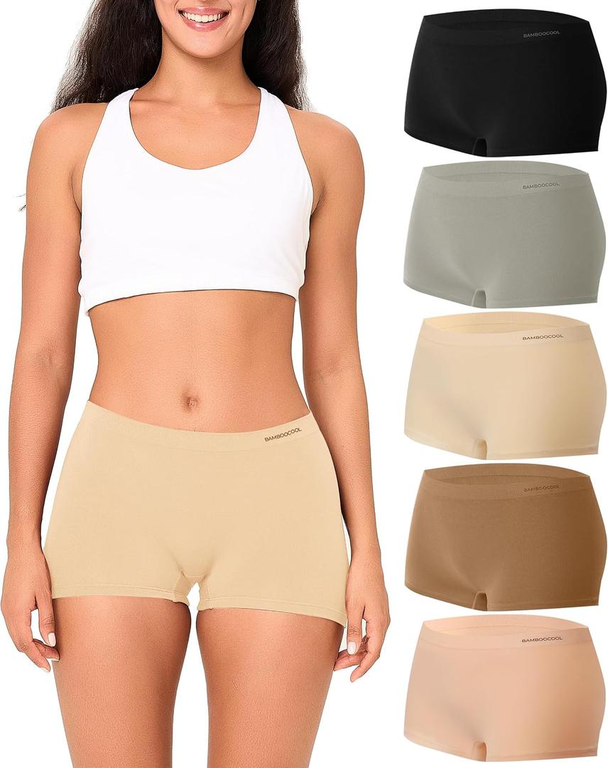BAMBOO COOL Womens Boyshorts Underwear Seamless Mid Waist Boxer Briefs Full Coverage Stretchy Ladies Panties 5 Pack (L)