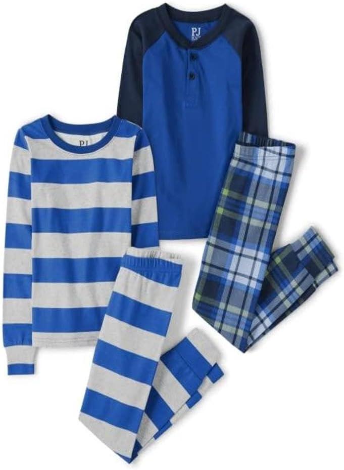 The Children's Place Baby Long Sleeve Top and Pants Snug Fit 100% Cotton 4 Piece Pajama Set, Essential Blue 2 Pack, 10