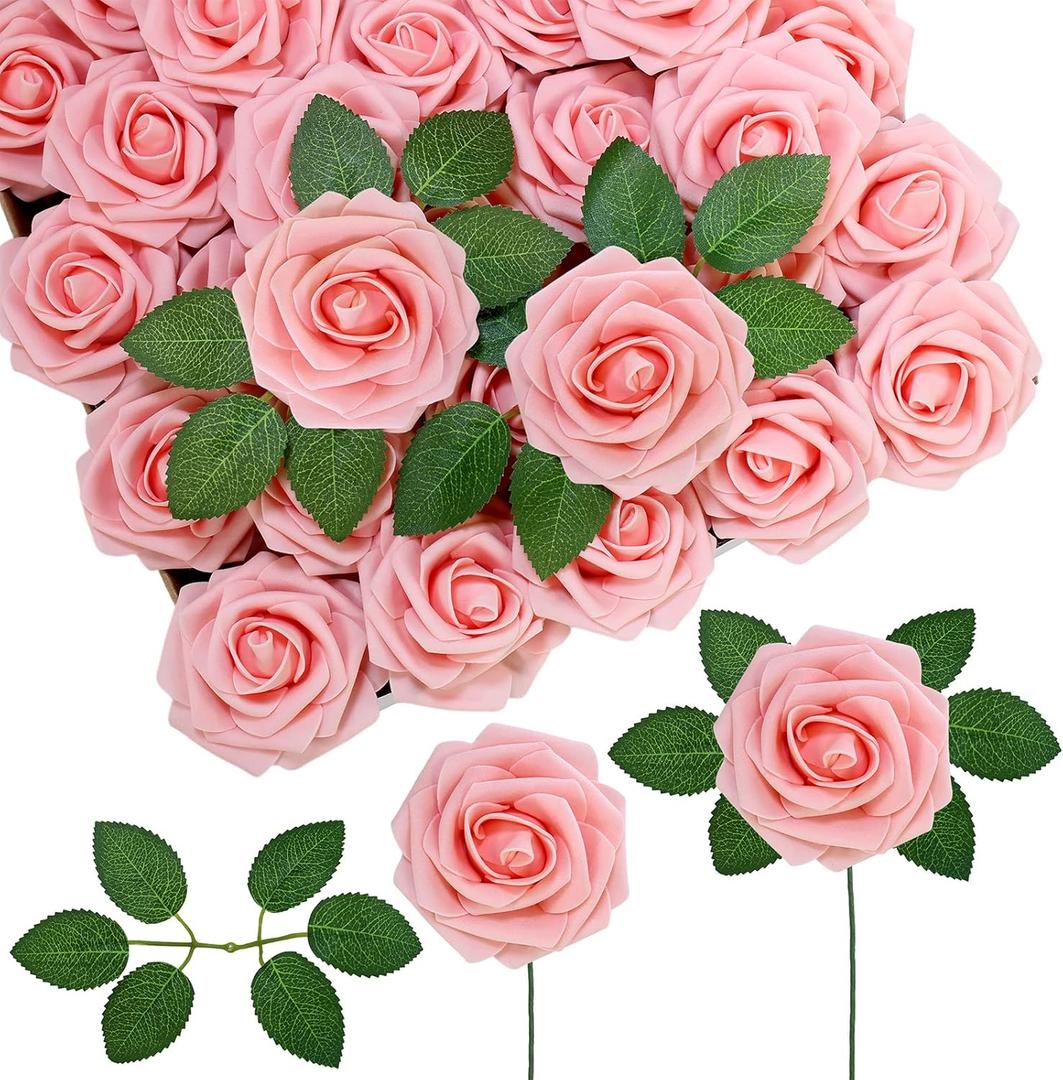 Winlyn 50 pcs Real Touch Blush Pink Roses with Stems & Silk Leaves - Bulk Artificial Flowers for Weddings Centerpieces Floral Arrangements Party Decorations Baby Showers Birthday Anniversaries Crafts