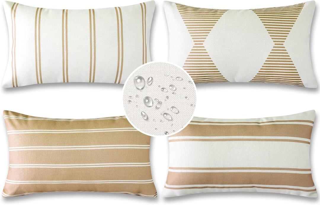 OTOSTAR Outdoor Decorative Pillow Covers Waterproof Garden Throw Pillow Covers 12x20 Inch Cushion Case Geometry Throw Pillowcases Pillows Shell for Patio Furniture Couch Tent Pack of 4 (Light Coffee)