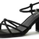 J. Adams Camila Sandals for Women - Square Open Toe Strappy Mid Block Heels (8, Black Vegan Suede)