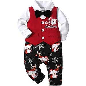 AGAPENG Baby Boy Christmas Outfit My First Christmas Gentleman Onesie Long Sleeve Romper Jumpsuit Vest with Bow Tie, 3-6M