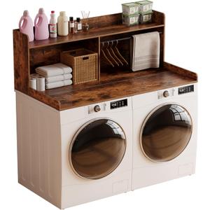 Unionly 2-Tier Washer Dryer Countertop with Clothes RailLaundry Topper with Edge and Non-Slip Pad for Washer and Dryer Laundry Hamper Counter Storage Organization (Rustic Brown, Full)