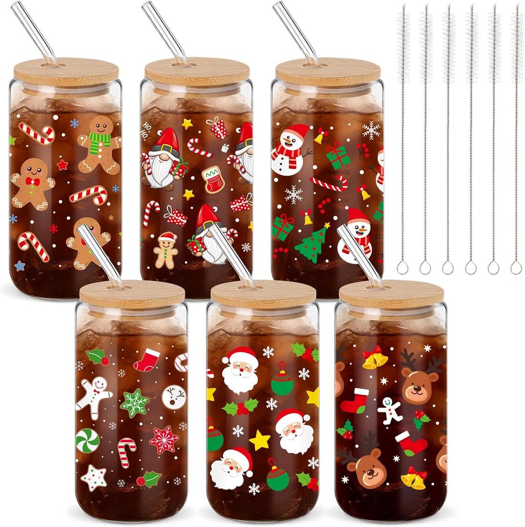 Potchen 6 Set Christmas Glass Cup Gift 16 oz Xmas Drink Cup Bulk with Bamboo Lid Straw Brush Snowman Snowflake Coffee Mug Santa Claus Jar Winter Tumbler favor for Team Staff Employee Appreciation