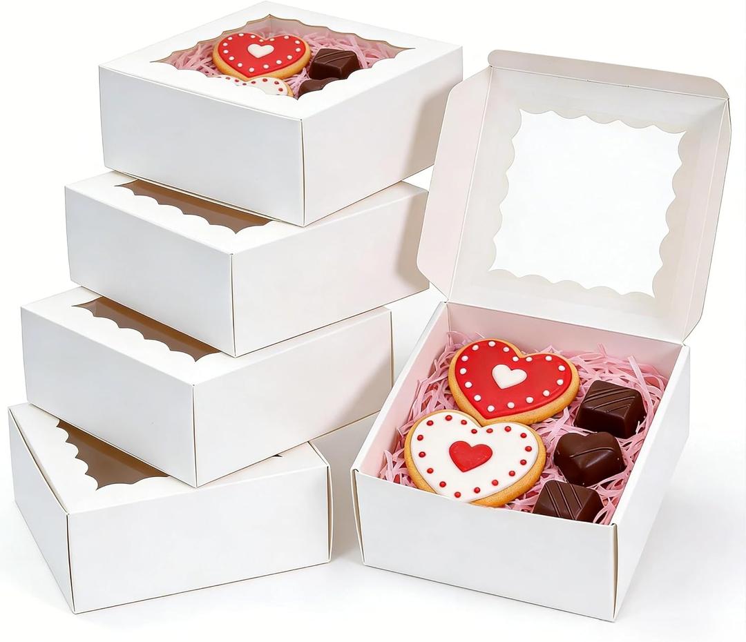100pcs Cookie Boxes 5x5x2.5 Inches Bakery Boxes with Window Treat Box Dessert Box for Pastry Strawberries Chocolate Mini Cake Donuts - White