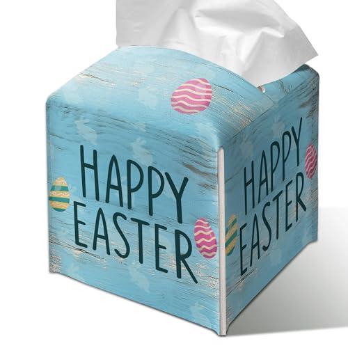 GRXXPIP Happy Easter Eggs Tissue Box Cover, Universal 5.2 Inch Leather Cube for Home Bathroom Countertop, Easter Basket Gift, Blue Rustic Spring Party Decor.(010)