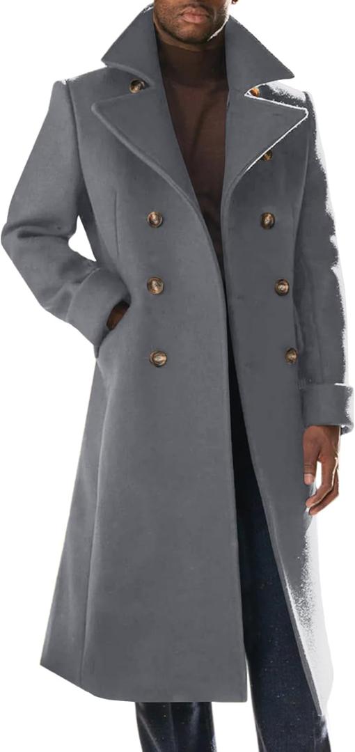 Runcati Mens Trench Coat Notch Lapel Slim Fit Double Breasted Long Pea Coat Winter Warm Overcoat (X-Large, Gray)