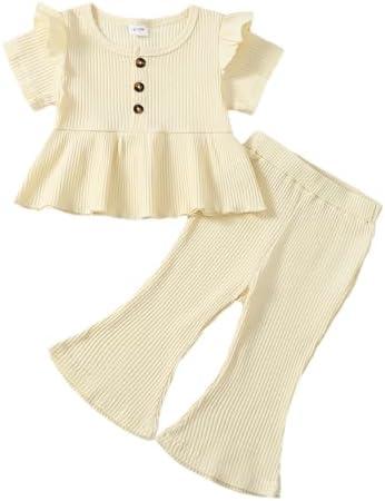 Baby Girl Clothes Toddler Girl Cotton Outfit Rib Long Sleeve Shirt Top Solid Pants Infant Girls Set 2-3Y, Light Yellow