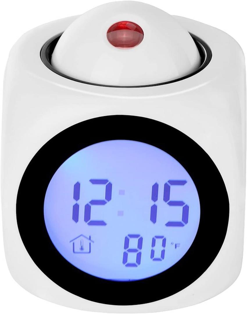 with Voice Talking LED Time Temperature for Bedroom，Projection Alarm Clock for Bedrooms Digital Voice Report Alarm Clock 12/24 HDigital Electric Clocks Projection On Ceiling, Bedside, Office (White)