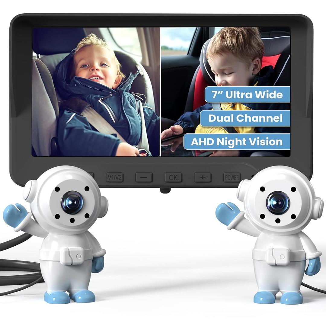 GROWNSY Baby Car Camera for 2 Kids, 7 in Ultrawide AHD Car Baby Monitor with 2 Camera, Backseat Mirror for Baby Rear Facing with Infrared Night Vision, Easily Observe Baby's Every Move (White)