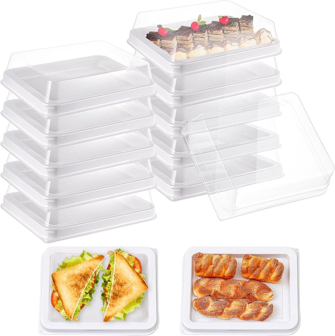 Tessco 12 Pcs Plastic Serving Trays with Lids Disposable Catering Trays 12.4 x 9.45 x 2.76 Inch Reusable Plastic Party Platters Charcuterie Board Box with Lids for Cookie Sandwich Christmas(White)