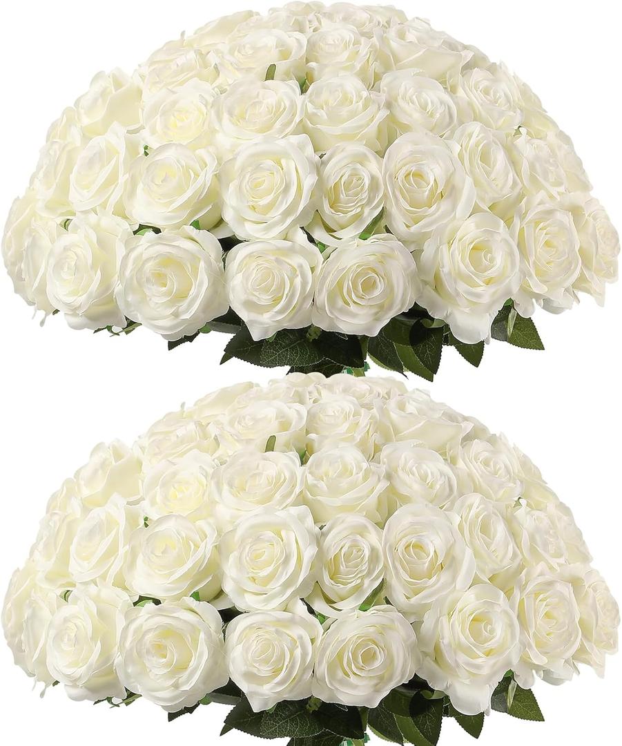 Kisflower 60 Pcs White Roses Artificial Flowers Bulk, Silk Roses with Stem Realistic White Artificial Roses for Decoration DIY Wedding Bouquet Bridal Shower Party Home Table Centerpieces Decor (White)