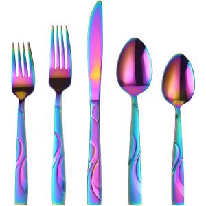 Rainbow Stainless Steel Flatware Set for 6, Ergonomic Silverware Set with Fork Spoon Knife, 30-piece Colorful Cutlery Tableware Set - Dishwasher Safe
