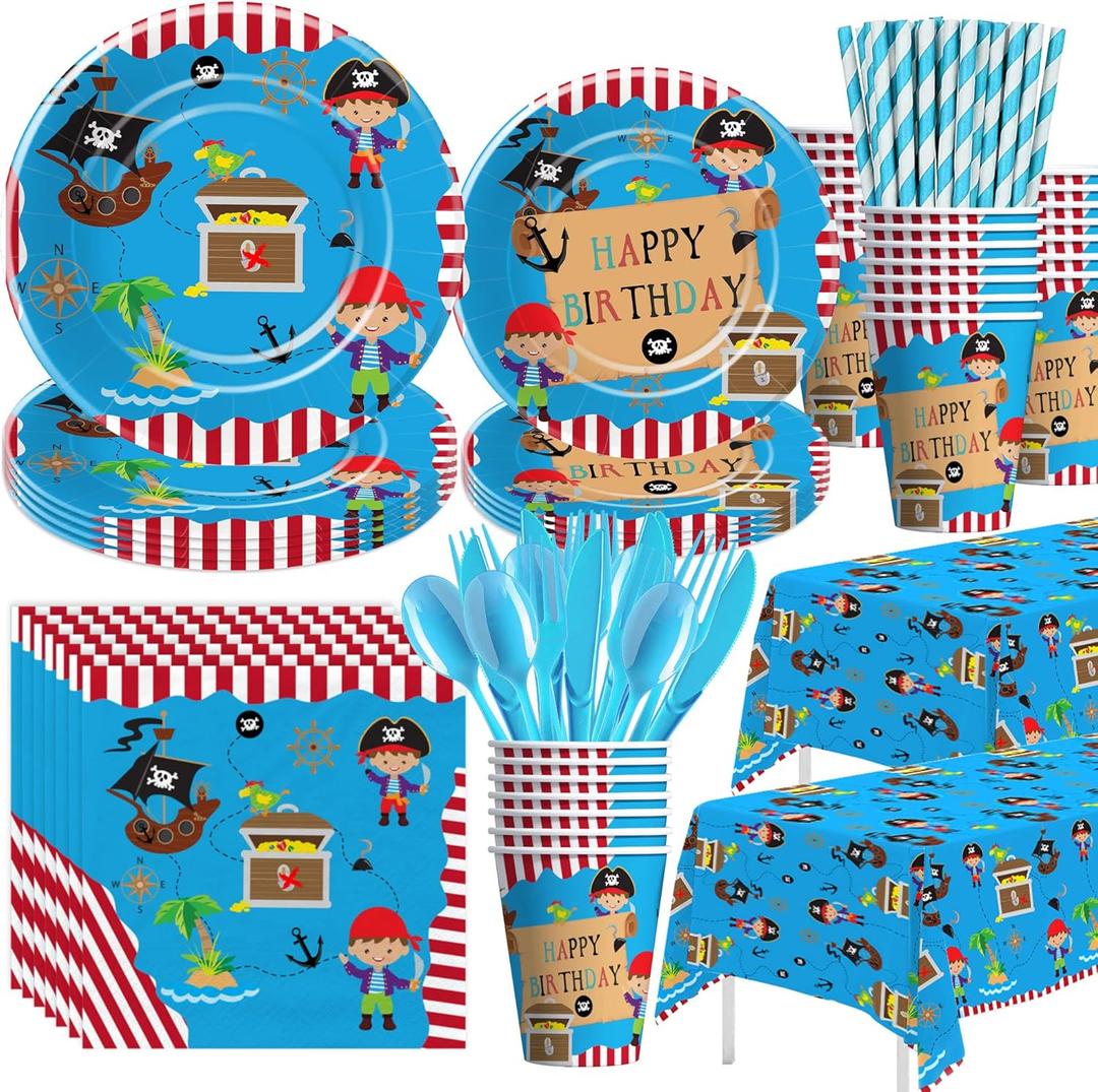 APOWBLS Pirate Party Decorations - Kids' Pirate Birthday Party Supplies, Plates, Cups, Napkins, Tablecloth, Cutlery, Straws, Dinnerware for 24 APOWBLS Pirate Party Decorations - Kids' Pirate Birthday Party Supplies, Plates, Cups, Napkins, Tablecloth, Cutlery, Straws, Dinnerware for 24