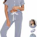 WJing Yi Jia 3Pcs Soft Pajama Sets For Women  Womens Pajamas Set Sleepwear Button Down Short Sleeve Long Pants Pj sets, M 
