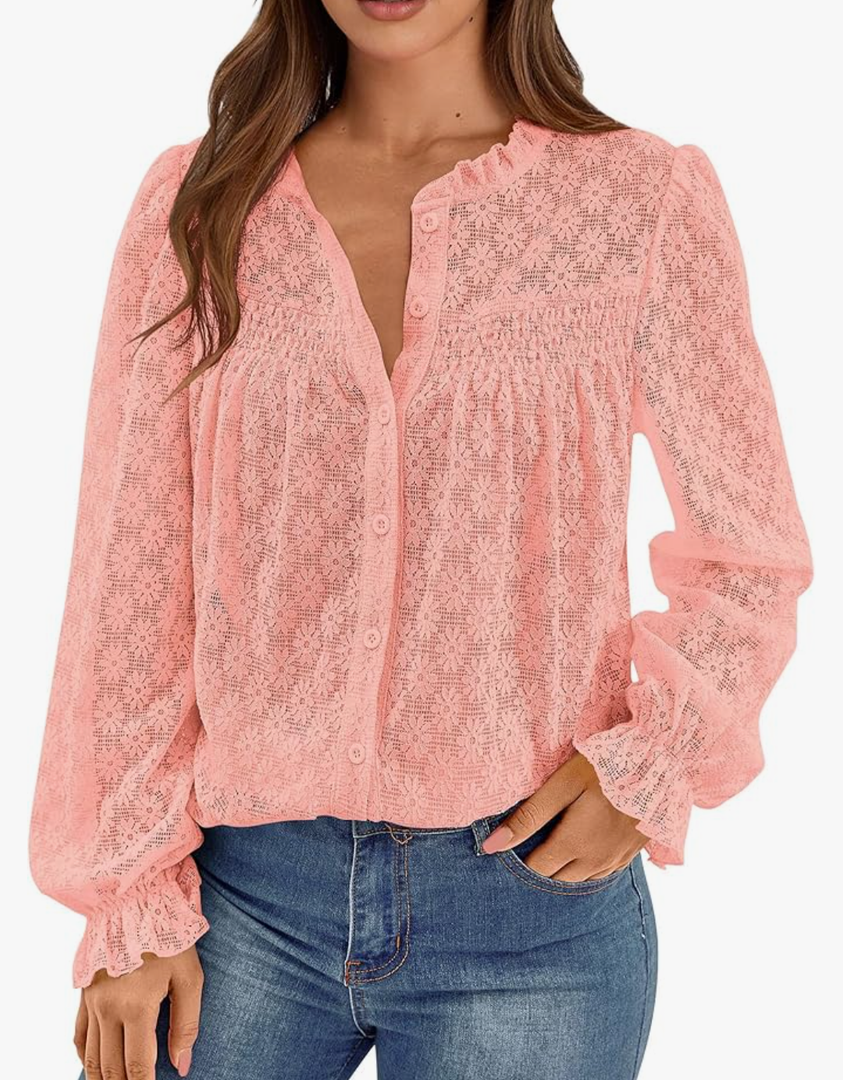 PRETTYGARDEN Women's Lace Long Sleeve Button Down Blouse size S