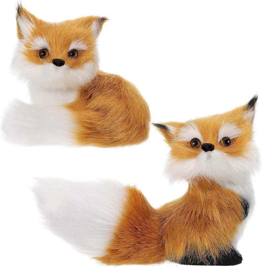 Sosation 2 Pcs Simulation Fox Mini Toy Fur Animal Model Stuffed Ornament Static Action Figures Fox Standing Sitting Plush for Home Office Desktop Bag Decoration 3.94 x 3.54 in, 3.15 x 2.75 in(Brown)