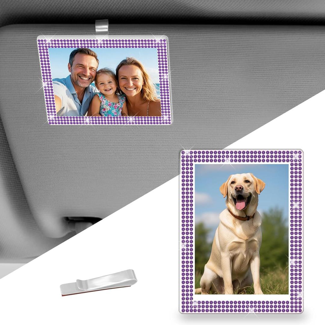 1 Pack Car Visor Picture Frame,Bling car picture holder,visor clips for cars,Rhinestone Car Accessories for Women Interior,Suitable for Most Vehicles.(Purple)