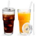 Elitrivox 20oz Glass Tumblers with Lids and Straws, Ribbed Glass Cups with Lids and Straws, Reusable Glass Tumbler for Iced Coffee Cups, Juice, Smoothies, Cold Beverages, 2pack
