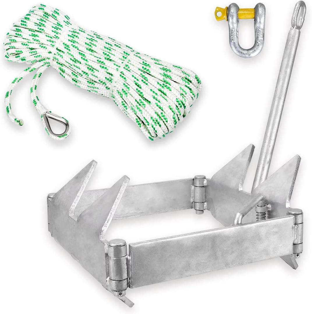 MARINE SYSTEM Galvanized Boat Folding Square Anchor Kit with 3/8 inch x 150 FT Rope and Shackle 19lb