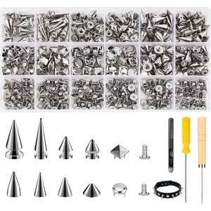 Craluuur 455PCS Punk Spikes and Studs Kit for Clothing, 12 Sizes Premium Metal Cone Spikes, Square Pyramid Studs & Round Dome Rivets for Leathercraft and Punk Style DIY Craft Decoration