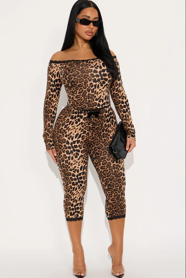 Fiona off shoulder leopard Capri set brown/combo 3X