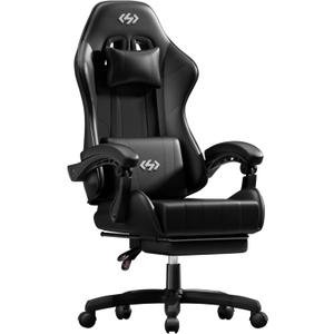HLDIRECT Gaming Chair, Ergonomic Computer Office Chair with Lumbar Support Footrest Headrest, Adjustable Height & Backrest Angle Video Gamer Chair, PU Leather, 360 Swivel, Adult (Black)