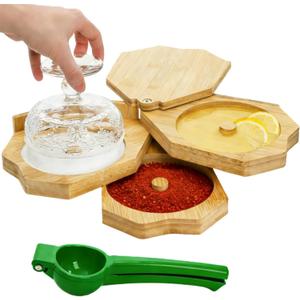 Margarita Salt Rimmer Set, 3 Tier Bamboo Glass Rimmer with Citrus Juicer, Bar Accessory Spice Container for Bartender, Drinks, Cocktail, Bloody Mary