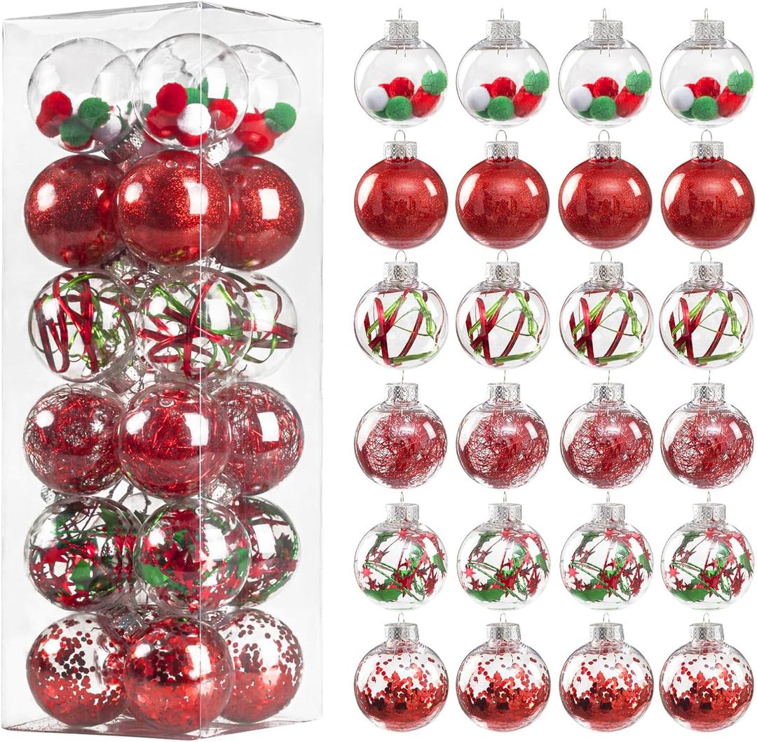 Deeinglif 60MM Clear Christmas Balls, 24PCS Shatterproof Plastic Decorative Ornaments for Xmas Tree Decor, Red and Green