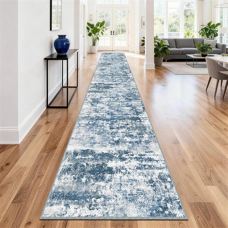 Non Slip Floor Runners for Dogs 2.6x12 Washable Runner Rug Abstract, Joint Support for Senior Dogs, Woven, Extra Grip Traction Runners for Hallway, Entryway, Walkway, Blue
