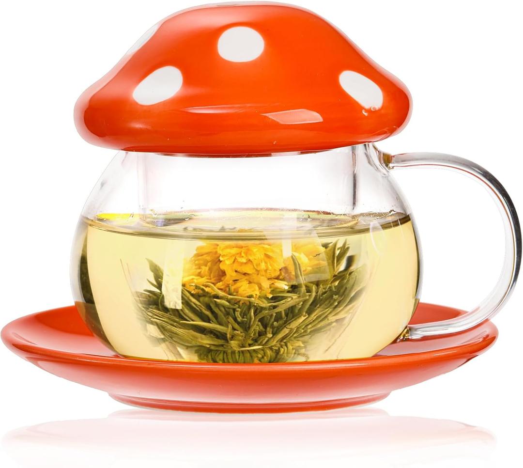 Acshio Mushroom Tea Cup, 11 Oz Cute Glass Cup with Tea Infuser and Lid, Heat Resistant Kawaii Mushroom Mug Set Coffee Teapot with Ceramic Coasters, Perfect for Mother's Day Birthday Gift, Orange