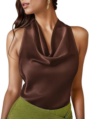 LAOTEPO Cowl Neck Halter Tops for Women Silk Satin Going Out Tank Top Trendy Summer Camisole Business Casual Blouses Outfits Brown, L