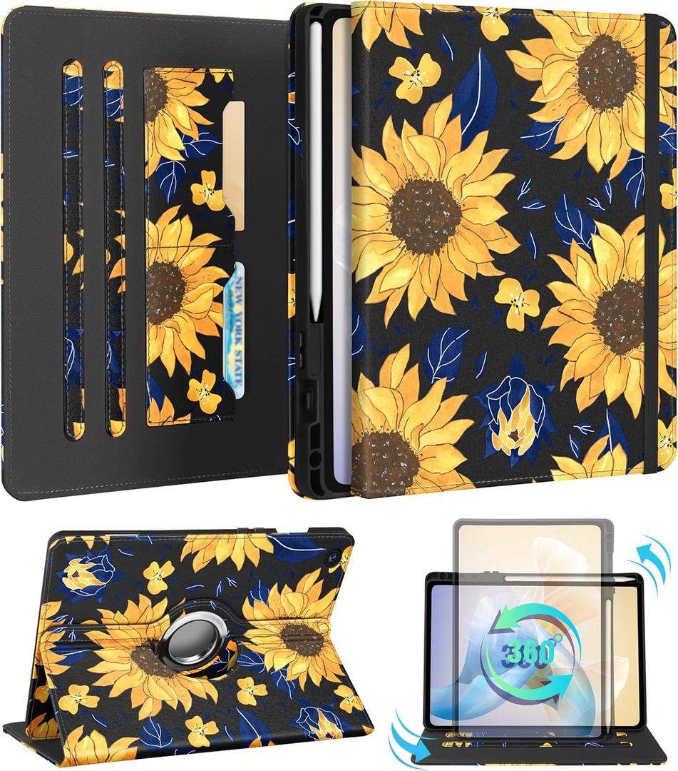 Kidcube for Samsung Galaxy Tab A9 Plus Case 11 Inch - for Women Girls Kids Cute Rotating Stand Folio Cover with Pencil Holder & Card Slot Girly Kawaii Sunflower Design for Samsung A9 Plus Tablet Cases
