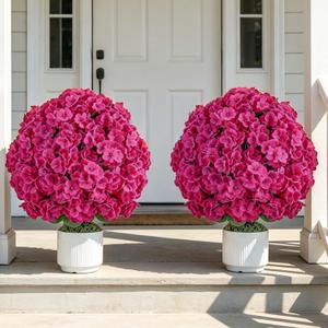 Faux Geraniums for Outdoor Planters: Hot Pink Topiary Ball, 2 Pcs | 26in Faux Silk Flowers with Pot for Front Porch Entryway Yard Patio, Red Geraniums Flower for Outdoor Indoor Decor