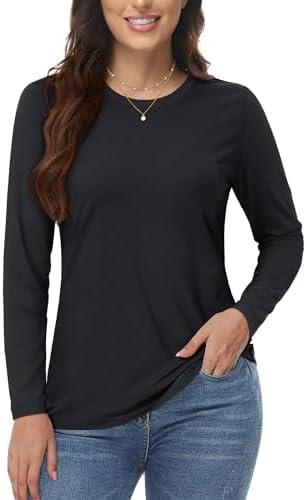 YUCOLEN Women's Cotton Long Sleeve Shirts Crew Neck T-Shirts Soft Casual Breathable Tees Basic Tops XXL