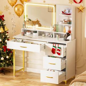 COMHOMA Vanity Desk with Mirror and Lights, Makeup Vanity Table with 4 Drawers & Storage Shelves, Large HD Mirror, 3 Color Modes & Adjustable Brightness, Modern Dressing Table for Bedroom, Pearl White