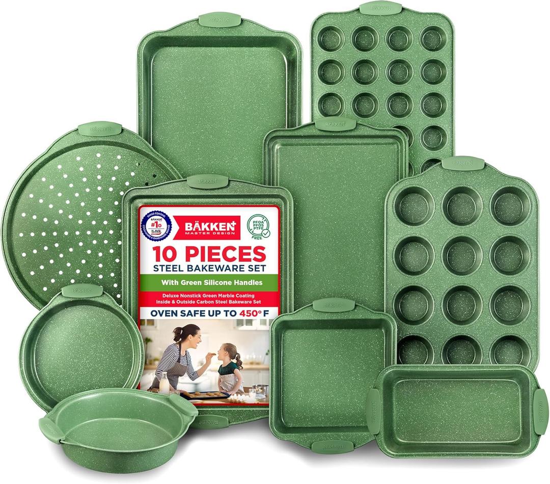 BAKKEN Kitchen Baking Pan Set - Nonstick Green Marble Coating, Carbon Steel Bakeware Sets with Green Silicone Handles, Kitchen Essentials, PFOA, PFOS, PTFE Free, Oven Safe (Up To 450 F), Set of 10