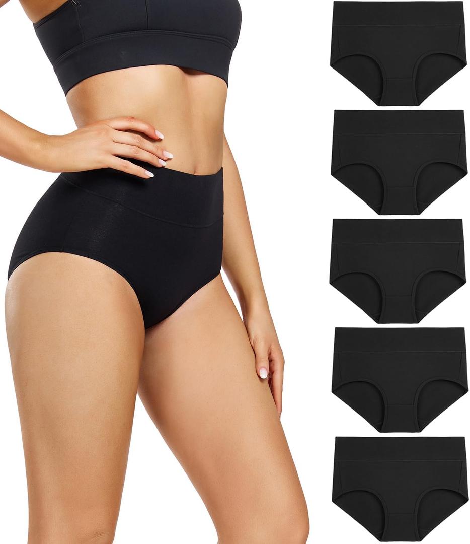 wirarpa Women's Underwear High Waisted Ladies Cotton Panties Soft Full Coverage Briefs 5 Pack (Regular & Plus Size) (Medium, Black-5p)