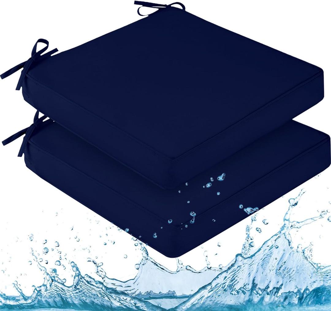 downluxe Waterproof Outdoor Chair Cushions for Patio Furniture, 22" x 22" x 3" Patio Chair Cushion with Adjustable Ties & Portable Handle, Square Outdoor Cushion with Removable Cover, Navy, 2 Pack