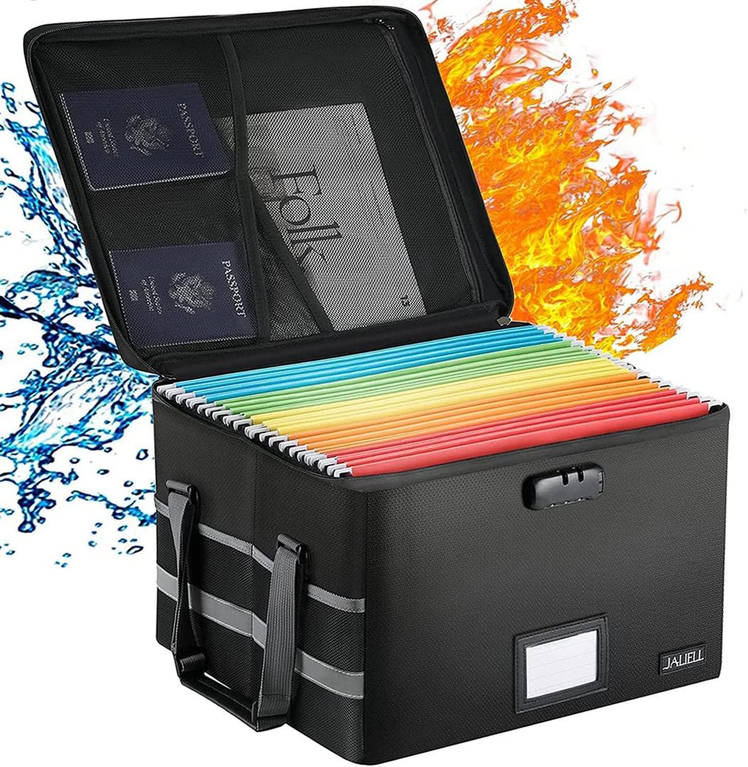 File Box with Lock, Fireproof Document File Organizer Box with Zipper & Adjustable Handle, Collapsible File Storage Box Home Office Safe Filing Cabinet for Hanging Letter/Legal Folder